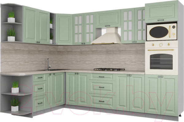 Изображение товара Кухонный гарнитур Интерлиния Мила Деко 1.88x3.0 левая (мята/мята/травертин серый)