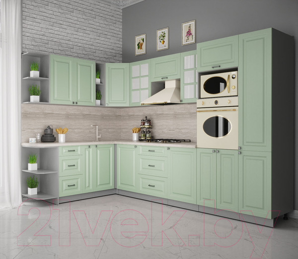 Изображение товара Кухонный гарнитур Интерлиния Мила Деко 1.88x3.2 левая (мята/мята/травертин серый)