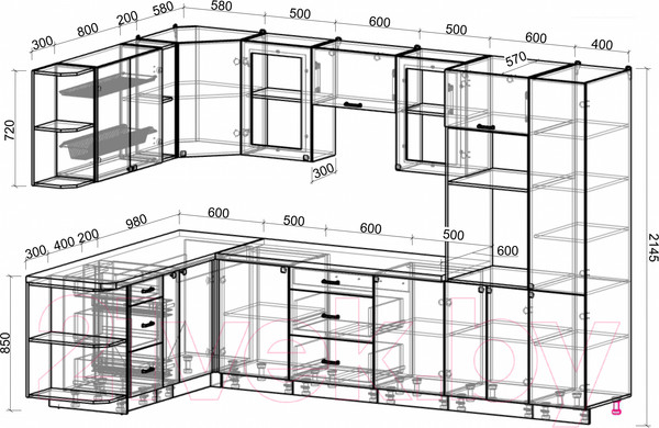 Изображение товара Кухонный гарнитур Интерлиния Мила Деко 1.88x3.2 левая (мята/мята/травертин серый)
