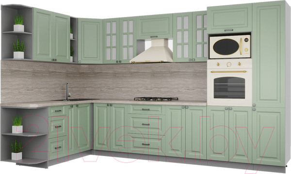 Изображение товара Кухонный гарнитур Интерлиния Мила Деко 1.88x3.4 левая (мята/мята/травертин серый)