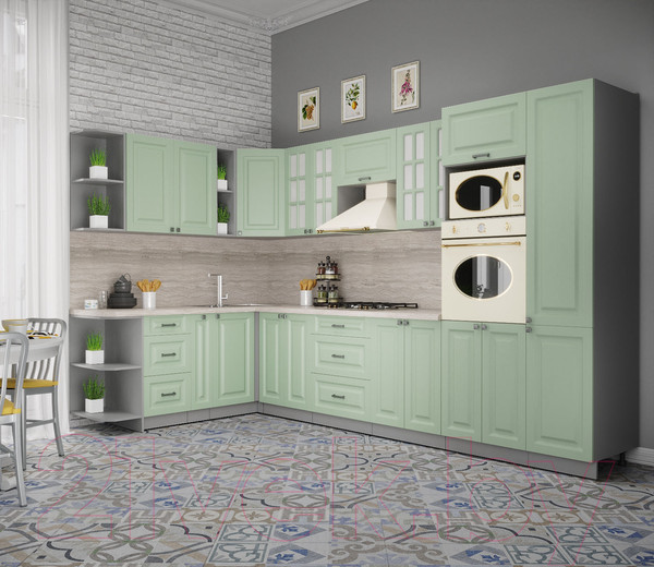 Изображение товара Кухонный гарнитур Интерлиния Мила Деко 1.88x3.4 левая (мята/мята/травертин серый)