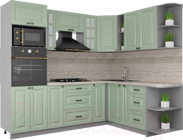 Изображение товара Кухонный гарнитур Интерлиния Мила Деко 1.88x2.4 правая (мята/мята/травертин серый)