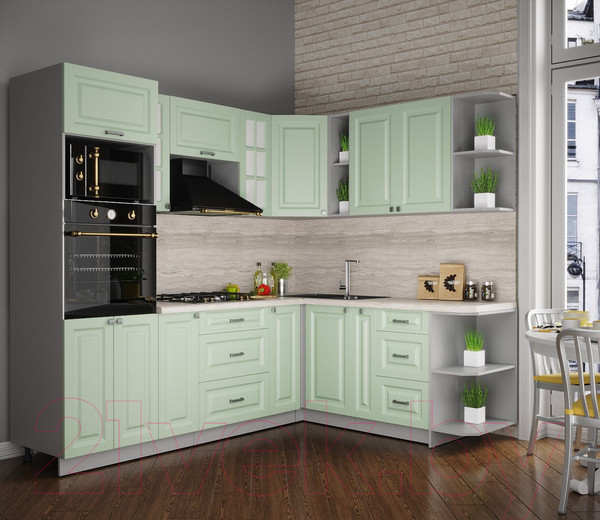 Изображение товара Кухонный гарнитур Интерлиния Мила Деко 1.88x2.4 правая (мята/мята/травертин серый)