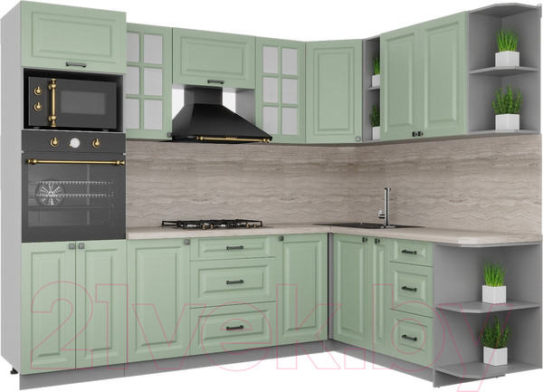 Изображение товара Кухонный гарнитур Интерлиния Мила Деко 1.88x2.6 правая (мята/мята/травертин серый)
