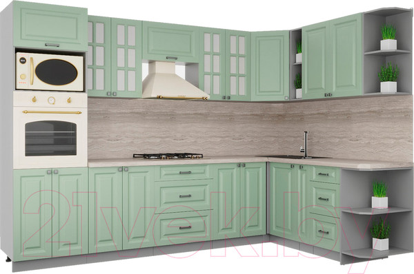 Изображение товара Кухонный гарнитур Интерлиния Мила Деко 1.88x3.0 правая (мята/мята/травертин серый)