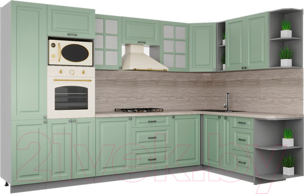 Изображение товара Кухонный гарнитур Интерлиния Мила Деко 1.88x3.2 правая (мята/мята/травертин серый)