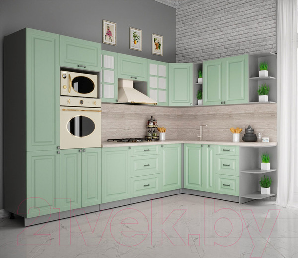 Изображение товара Кухонный гарнитур Интерлиния Мила Деко 1.88x3.2 правая (мята/мята/травертин серый)