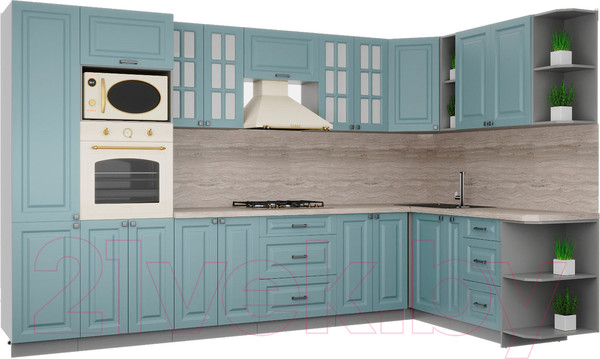 Изображение товара Кухонный гарнитур Интерлиния Мила Деко 1.88x3.4 правая (океан/океан/травертин серый)