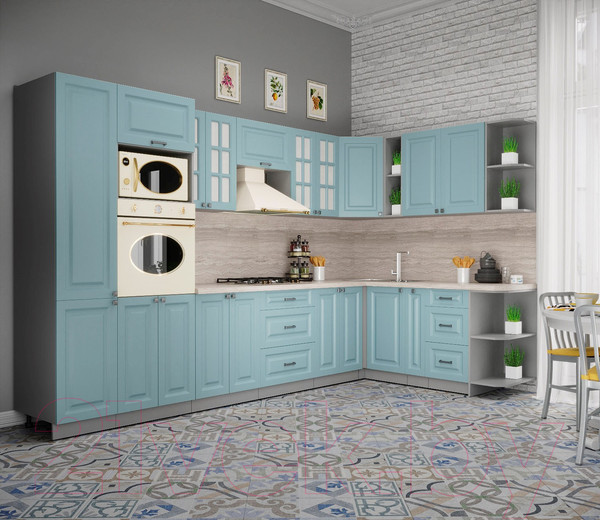 Изображение товара Кухонный гарнитур Интерлиния Мила Деко 1.88x3.4 правая (океан/океан/травертин серый)