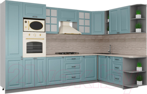 Изображение товара Кухонный гарнитур Интерлиния Мила Деко 1.88x3.2 правая (океан/океан/травертин серый)