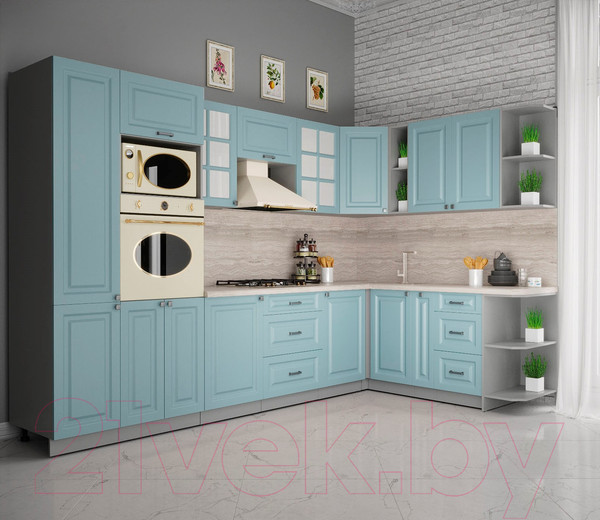 Изображение товара Кухонный гарнитур Интерлиния Мила Деко 1.88x3.2 правая (океан/океан/травертин серый)