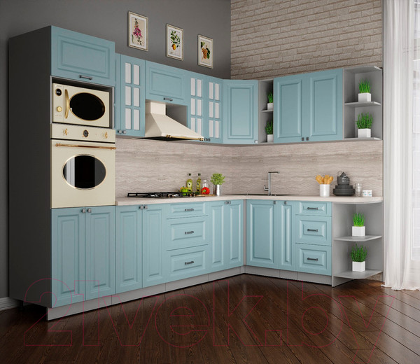 Изображение товара Кухонный гарнитур Интерлиния Мила Деко 1.88x3.0 правая (океан/океан/травертин серый)