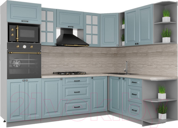 Изображение товара Кухонный гарнитур Интерлиния Мила Деко 1.88x2.6 правая (океан/океан/травертин серый)