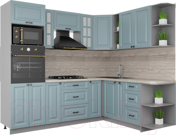 Изображение товара Кухонный гарнитур Интерлиния Мила Деко 1.88x2.4 правая (океан/океан/травертин серый)