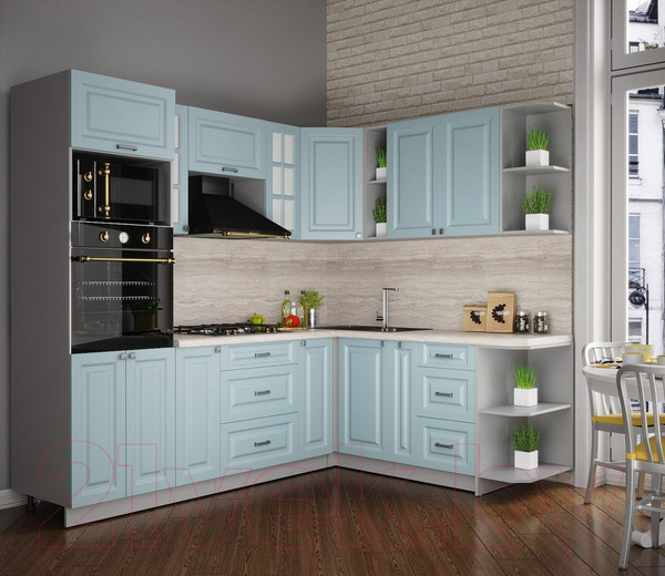 Изображение товара Кухонный гарнитур Интерлиния Мила Деко 1.88x2.4 правая (океан/океан/травертин серый)