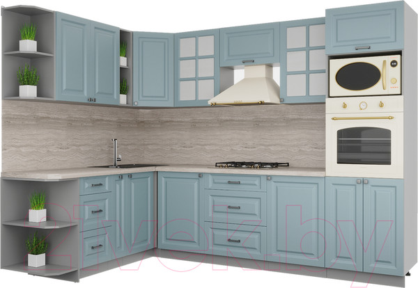 Изображение товара Кухонный гарнитур Интерлиния Мила Деко 1.88x2.8 левая (океан/океан/травертин серый)