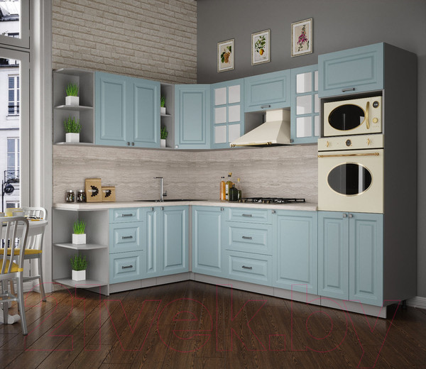 Изображение товара Кухонный гарнитур Интерлиния Мила Деко 1.88x2.8 левая (океан/океан/травертин серый)