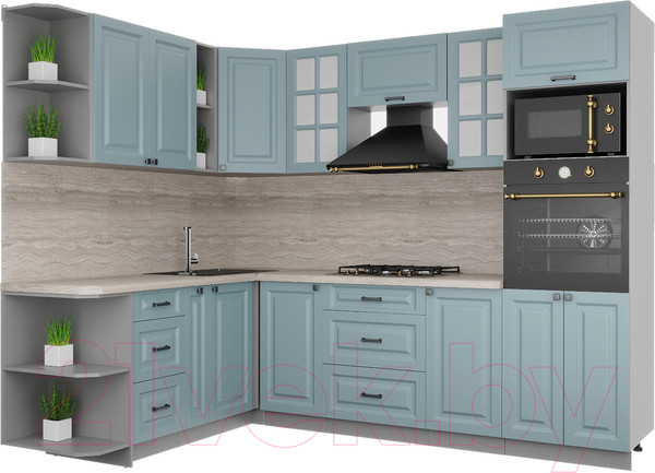 Изображение товара Кухонный гарнитур Интерлиния Мила Деко 1.88x2.6 левая (океан/океан/травертин серый)