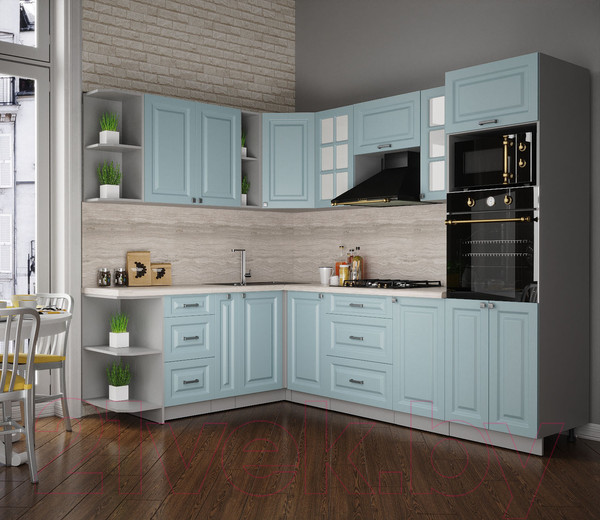 Изображение товара Кухонный гарнитур Интерлиния Мила Деко 1.88x2.6 левая (океан/океан/травертин серый)