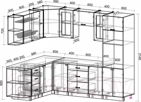 Изображение товара Кухонный гарнитур Интерлиния Мила Деко 1.88x2.6 левая (океан/океан/травертин серый)