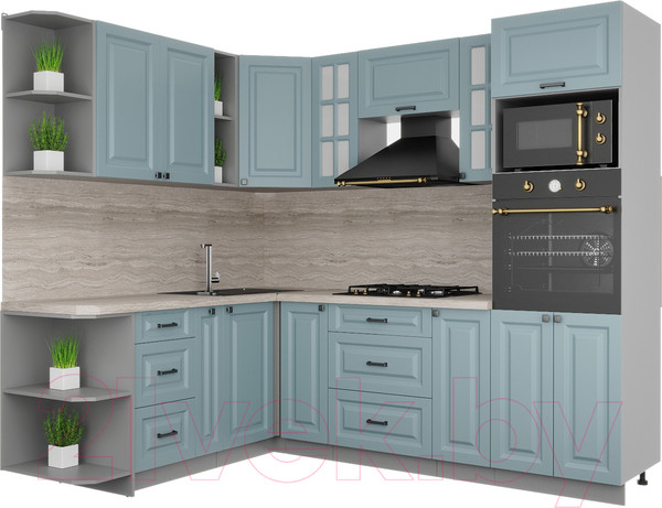 Изображение товара Кухонный гарнитур Интерлиния Мила Деко 1.88x2.4 левая (океан/океан/травертин серый)