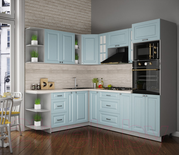 Изображение товара Кухонный гарнитур Интерлиния Мила Деко 1.88x2.4 левая (океан/океан/травертин серый)