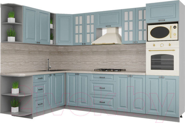 Изображение товара Кухонный гарнитур Интерлиния Мила Деко 1.88x3.0 левая (океан/океан/травертин серый)