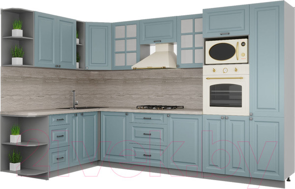 Изображение товара Кухонный гарнитур Интерлиния Мила Деко 1.88x3.2 левая (океан/океан/травертин серый)