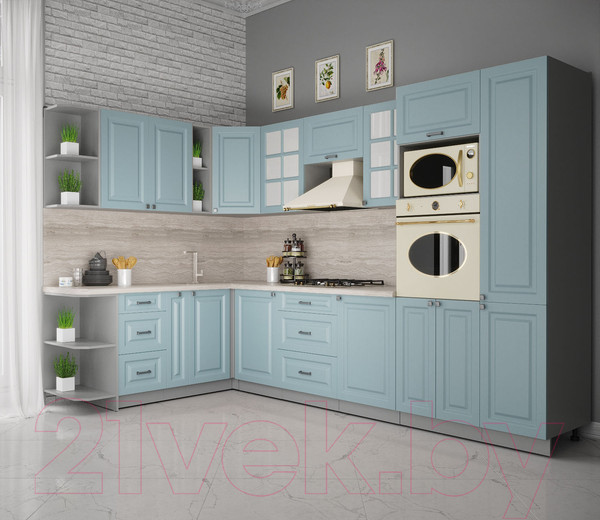 Изображение товара Кухонный гарнитур Интерлиния Мила Деко 1.88x3.2 левая (океан/океан/травертин серый)