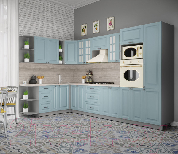 Изображение товара Кухонный гарнитур Интерлиния Мила Деко 1.88x3.4 левая (океан/океан/травертин серый)