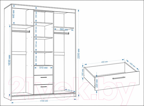 Изображение товара Шкаф-купе Евва Престиж 170 BB.2 / ПР-4D2Z3S (белый)