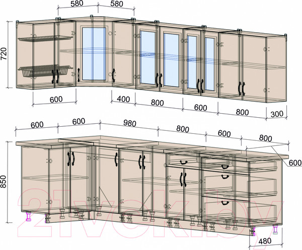 Изображение товара Кухонный гарнитур Интерлиния Мила Крафт 1.2x3.2 (дуб королевский)