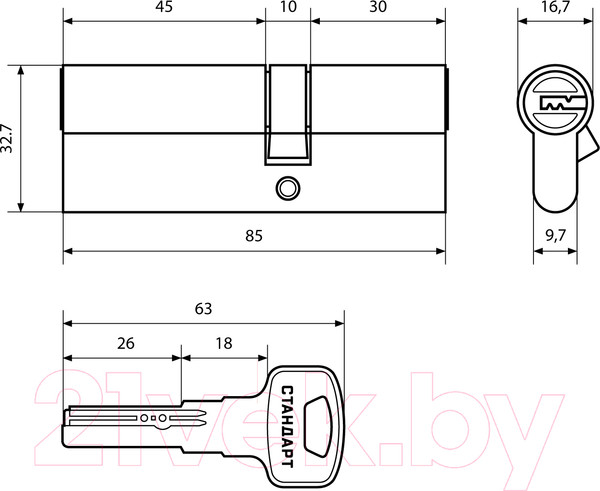 Изображение товара Цилиндровый механизм замка Стандарт F-01 85 GP (30x10x45, золото)