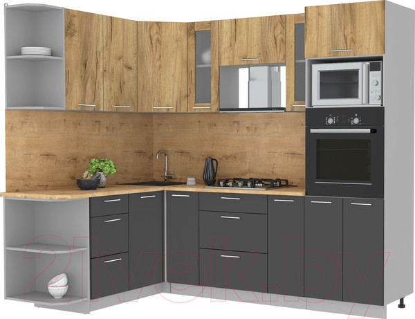 Изображение товара Кухонный гарнитур Интерлиния Мила 1.68x2.4 левая (дуб золотой/антрацит/дуб бунратти)