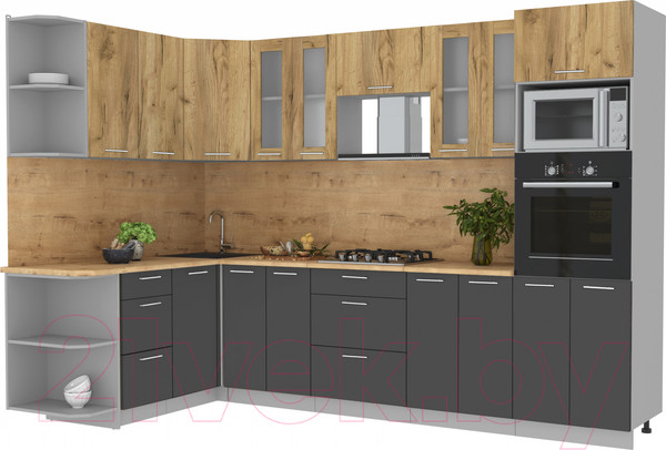 Изображение товара Кухонный гарнитур Интерлиния Мила 1.68x3.0 левая (дуб золотой/антрацит/дуб бунратти)