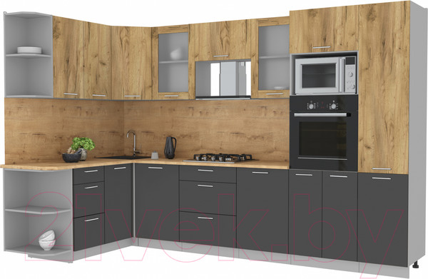 Изображение товара Кухонный гарнитур Интерлиния Мила 1.68x3.2 левая (дуб золотой/антрацит/дуб бунратти)