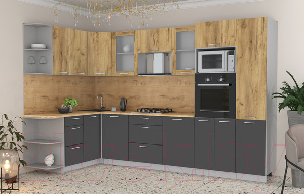 Изображение товара Кухонный гарнитур Интерлиния Мила 1.68x3.2 левая (дуб золотой/антрацит/дуб бунратти)