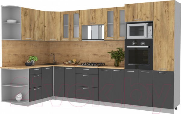 Изображение товара Кухонный гарнитур Интерлиния Мила 1.68x3.4 левая (дуб золотой/антрацит/дуб бунратти)