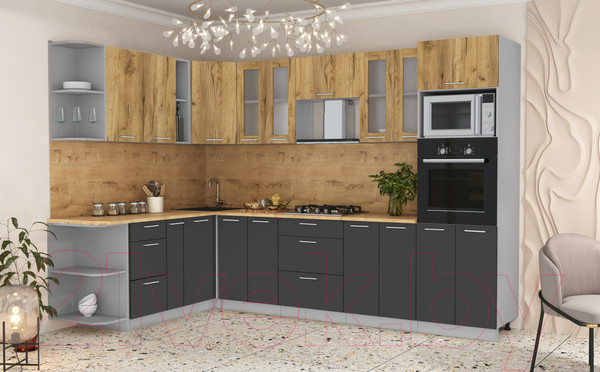 Изображение товара Кухонный гарнитур Интерлиния Мила 1.88x3.0 левая (дуб золотой/антрацит/дуб бунратти)