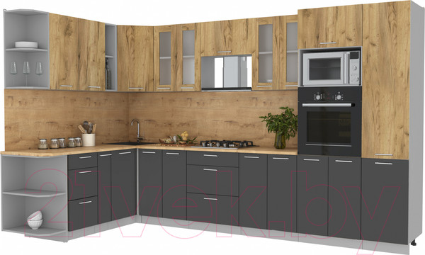 Изображение товара Кухонный гарнитур Интерлиния Мила 1.88x3.4 левая (дуб золотой/антрацит/дуб бунратти)