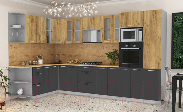 Изображение товара Кухонный гарнитур Интерлиния Мила 1.88x3.4 левая (дуб золотой/антрацит/дуб бунратти)