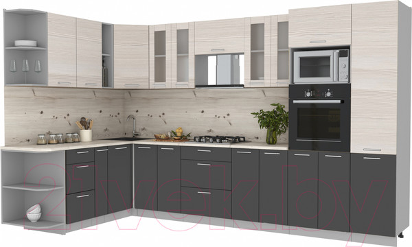 Изображение товара Кухонный гарнитур Интерлиния Мила 1.88x3.4 левая (вудлайн кремовый/антрацит/бискайская сосна)