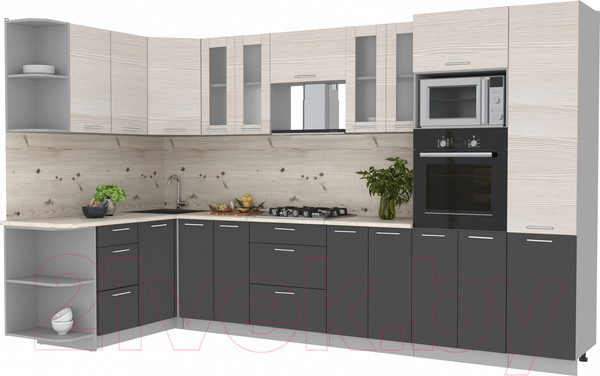 Изображение товара Кухонный гарнитур Интерлиния Мила 1.68x3.4 левая (вудлайн кремовый/антрацит/бискайская сосна)