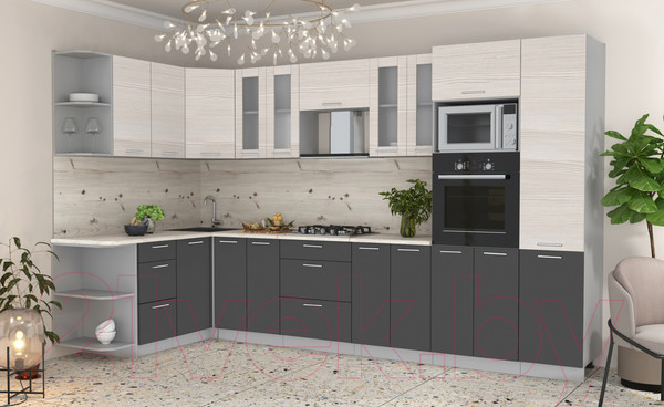 Изображение товара Кухонный гарнитур Интерлиния Мила 1.68x3.4 левая (вудлайн кремовый/антрацит/бискайская сосна)