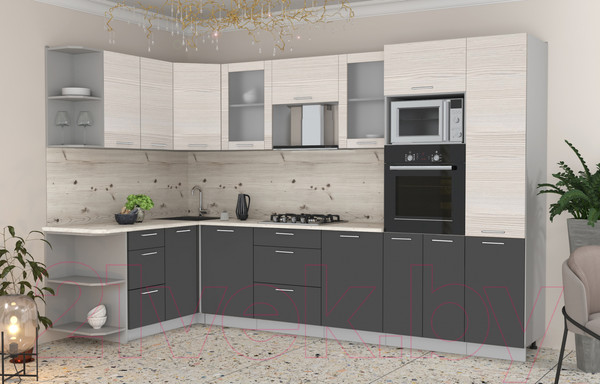 Изображение товара Кухонный гарнитур Интерлиния Мила 1.68x3.2 левая (вудлайн кремовый/антрацит/бискайская сосна)