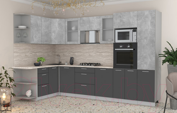 Изображение товара Кухонный гарнитур Интерлиния Мила 1.68x3.2 левая (бетон/антрацит/травертин)