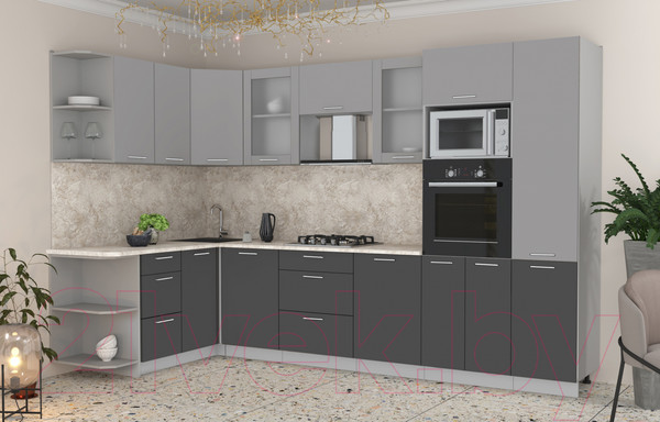 Изображение товара Кухонный гарнитур Интерлиния Мила 1.68x3.2 левая (серебристый/антрацит/опал светлый)