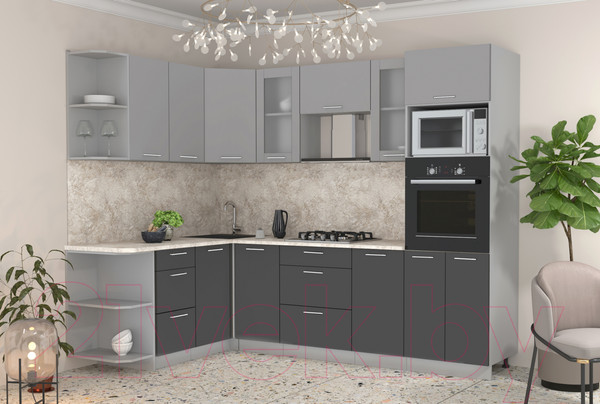 Изображение товара Кухонный гарнитур Интерлиния Мила 1.68x2.6 левая (серебристый/антрацит/опал светлый)