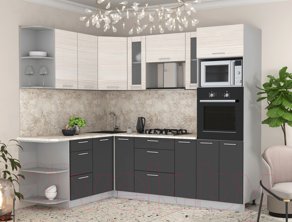 Изображение товара Кухонный гарнитур Интерлиния Мила 1.68x2.4 левая (вудлайн кремовый/антрацит/опал светлый)