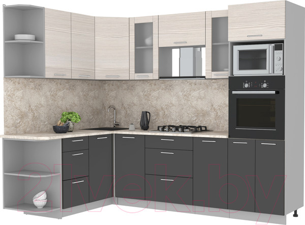 Изображение товара Кухонный гарнитур Интерлиния Мила 1.68x2.6 левая (вудлайн кремовый/антрацит/опал светлый)